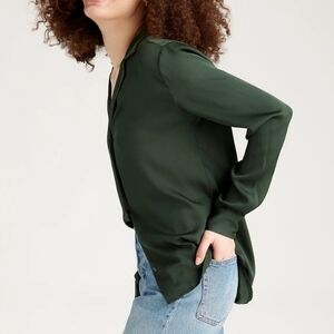 Quince Washable Stretch Silk Notch Collar Blouse Basil Green XL Minimalist